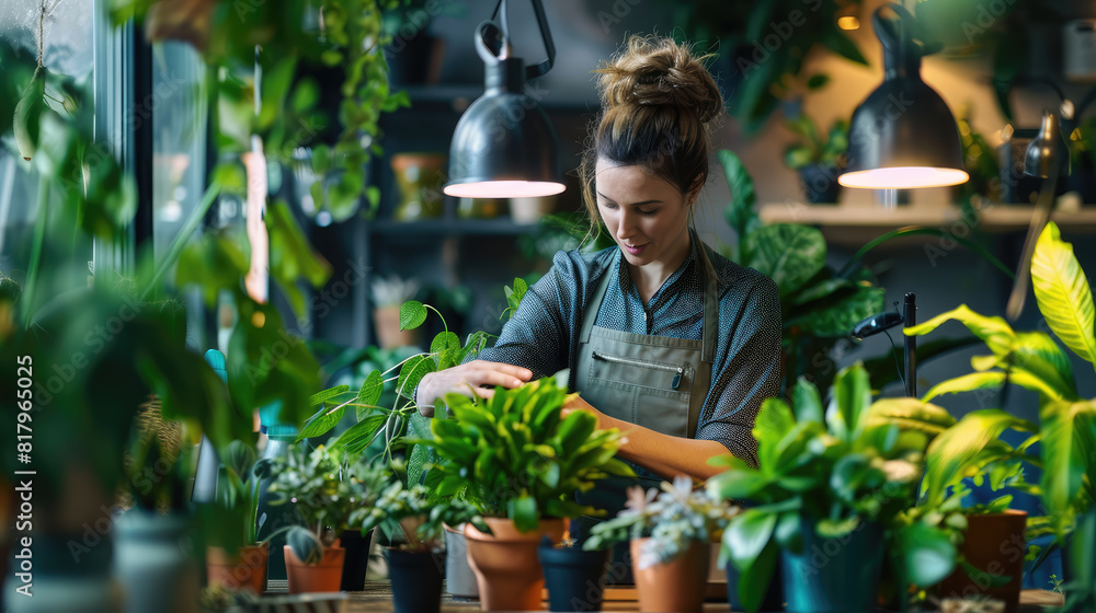 A woman in an apron tends to plants in a well-lit indoor garden or greenhouse A woman in an apron tends to plants in a well-lit indoor garden or greenhouse
