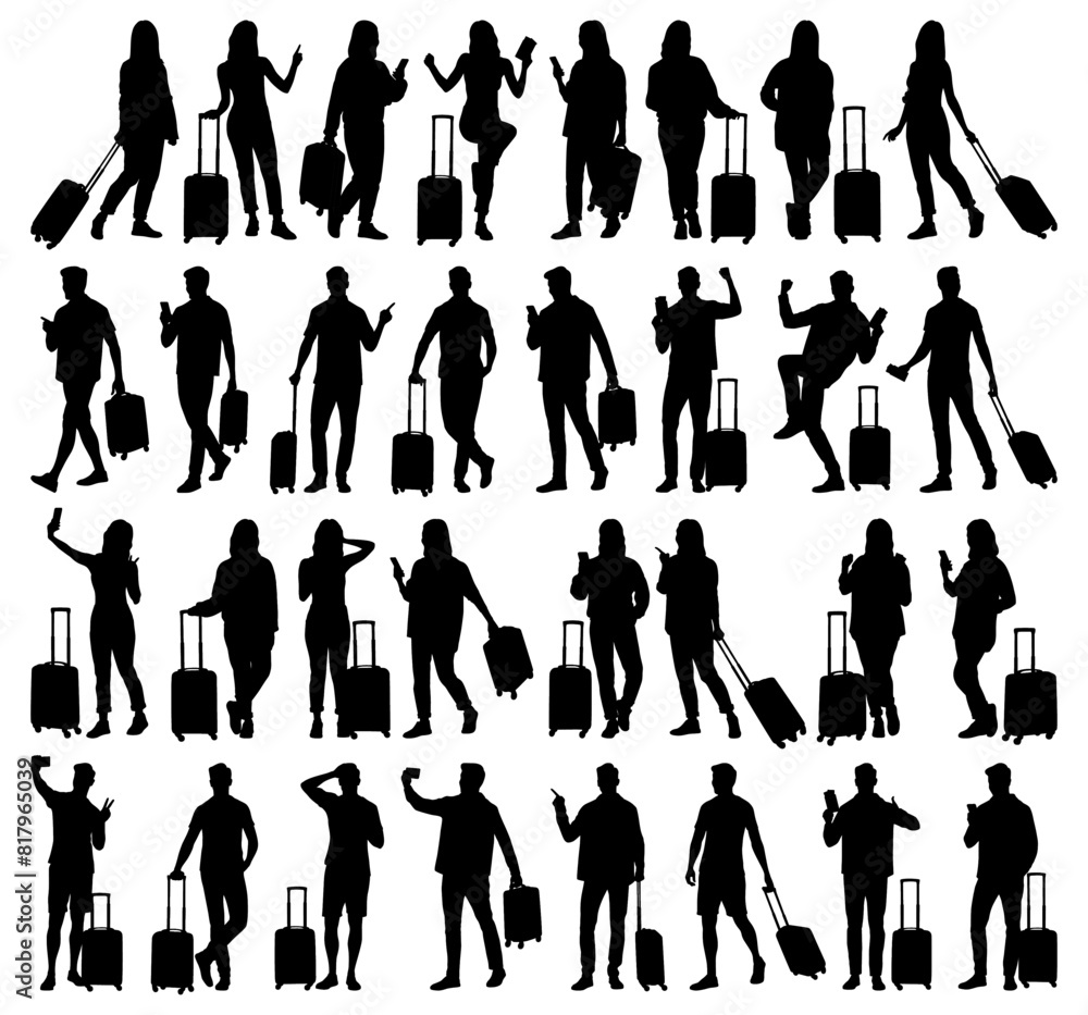 Silhouette of young man and woman tourists with smartphones and passports. Travelers going on trip in casual clothes with a suitcase and tickets. Vector illustration set isolated on white Silhouette of young man and woman tourists with smartphones and passports. Travelers going on trip in casual clothes with a suitcase and tickets. Vector illustration set isolated on white