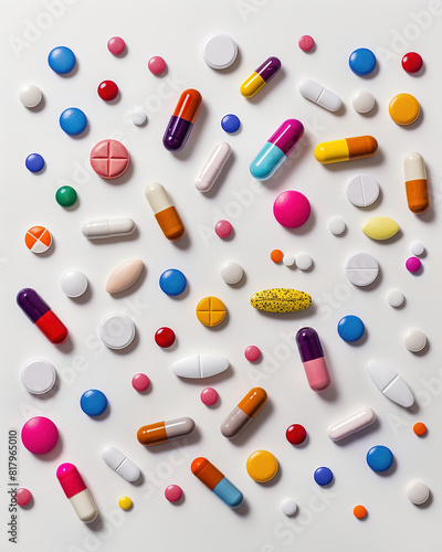 Multicolored medicinal pills and capsules on a white surface.
