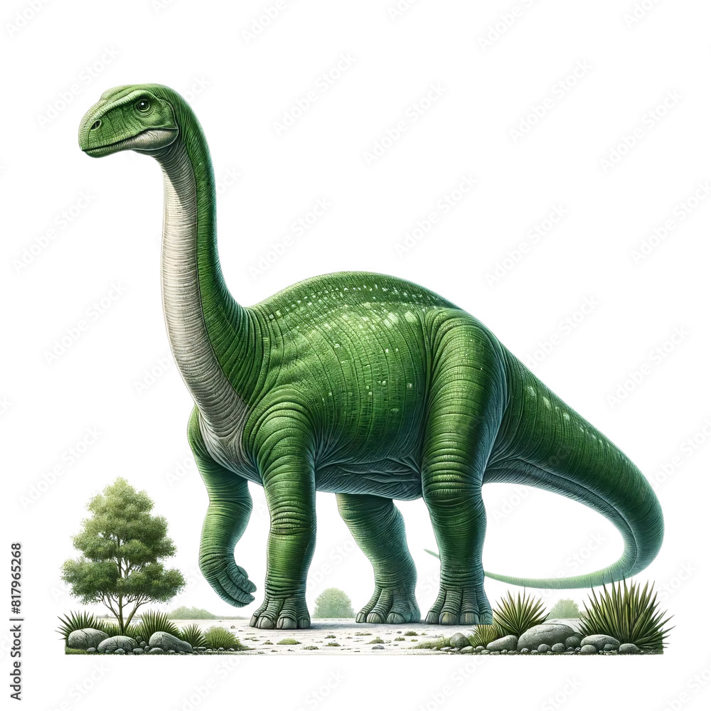 Obraz premium A green Brachiosaurus dinosaur, isolated on a transparent background. The dinosaur is portrayed in a realistic style