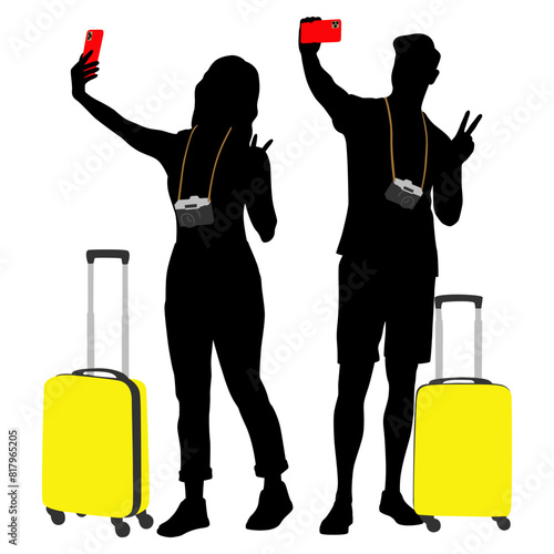Silhouette of young man and woman tourists with smartphones and passports. Travelers going on trip in casual clothes with a suitcase and tickets. Vector illustration set isolated on white