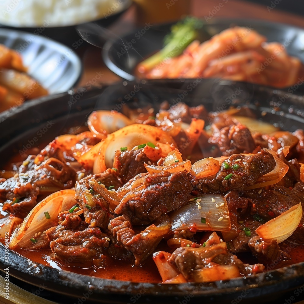 A sizzling plate of bulgogi (marinated beef) with onions and peppers, served with a side of kimchi jjigae (kimchi stew) bubbling in a traditional pot A sizzling plate of bulgogi (marinated beef) with onions and peppers, served with a side of kimchi jjigae (kimchi stew) bubbling in a traditional pot