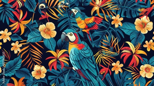 Organic Tropical Rainforest-Inspired Seamless Pattern with Colorful Birds and Flowers 