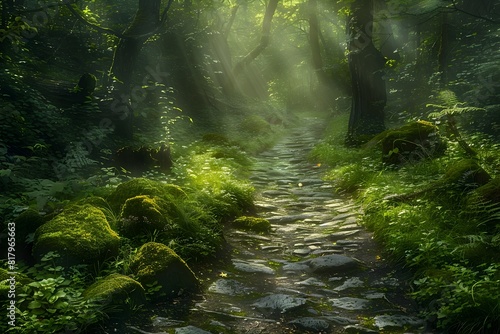 A Winding Cobblestone Path through a Luminous MossCovered Forest A Tale of Ancient Beauty and Wonder
