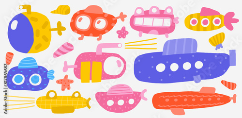 Cute underwater set with funny hand drawn doodle submarine, bathyscaphe, sub collection. Sea, ocean bottom reef transport clipart. Cartoon style background