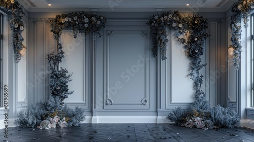 Minimalist wedding interior with blank posters and beautiful black flowers on the walls