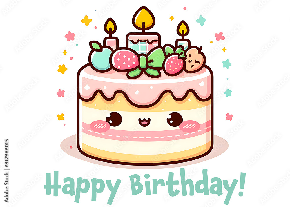 Kawaii Happy Birthday Cake: Printable Greeting Card Template Kawaii Happy Birthday Cake: Printable Greeting Card Template