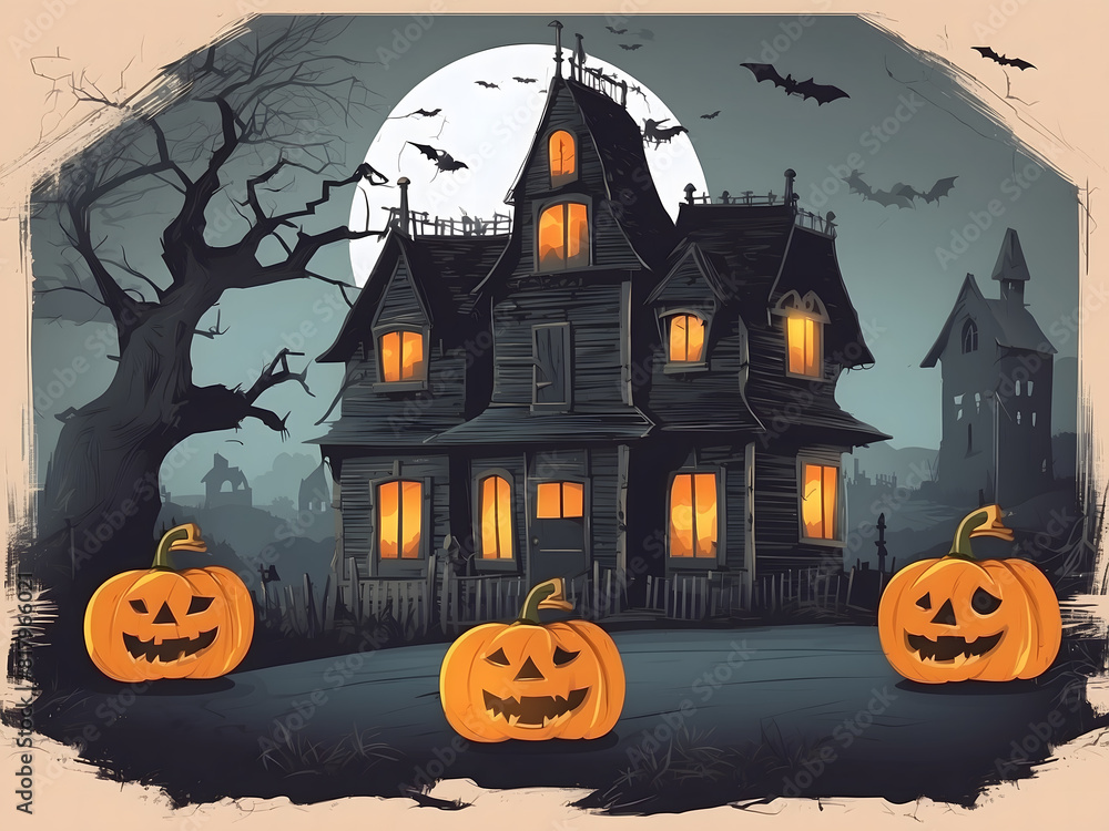 Fototapeta premium Halloween night background design with pumpkin, old house for historical purposes. Haunted castle with cemetery and icons in Halloween scene.