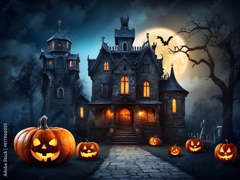 Halloween night background design with pumpkin, old house for historical purposes. Haunted castle with cemetery and icons in Halloween scene. Halloween night background design with pumpkin, old house for historical purposes. Haunted castle with cemetery and icons in Halloween scene.