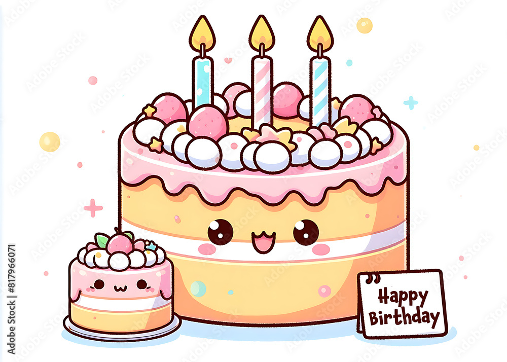 Kawaii Happy Birthday Cake: Printable Greeting Card Template Kawaii Happy Birthday Cake: Printable Greeting Card Template