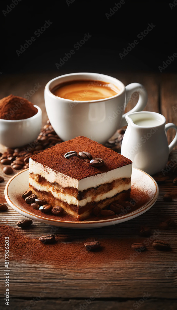 A slice of tiramisu on a white plate, dusted generously with cocoa powder A slice of tiramisu on a white plate, dusted generously with cocoa powder