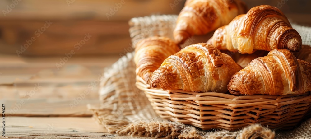 Fresh croissants in a basket: delicious baked goods up close on a fuzzy light brown background Fresh croissants in a basket: delicious baked goods up close on a fuzzy light brown background