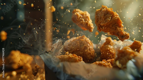 The tantalizing sight of crunchy chicken morsels breaking free from their packaging, captured in astonishing detail photo