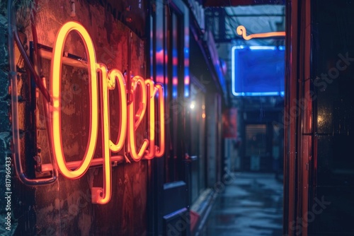 Neon 'Open' Sign Illuminating Rainy City Street at Night