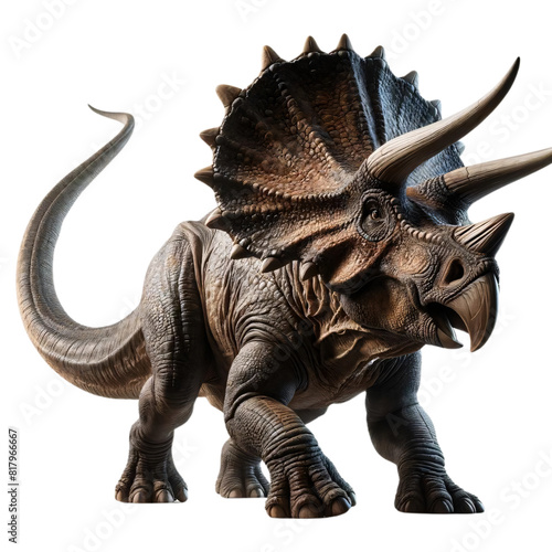 A Triceratops dinosaur on a transparent background. The dinosaur is depicted in a dynamic stance