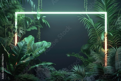 3d render of rectangle frame in jungle with ferns  neon light effect  dark background  close up