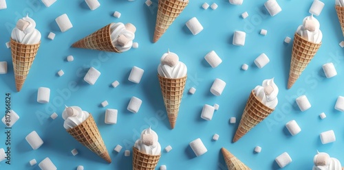 3d render of ice cream cones and marshmallows on blue background seamless pattern, top view