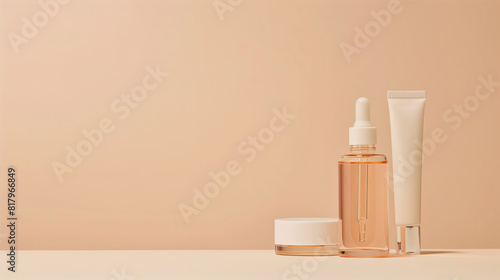 A variety of beauty products on a minimalistic beige background.