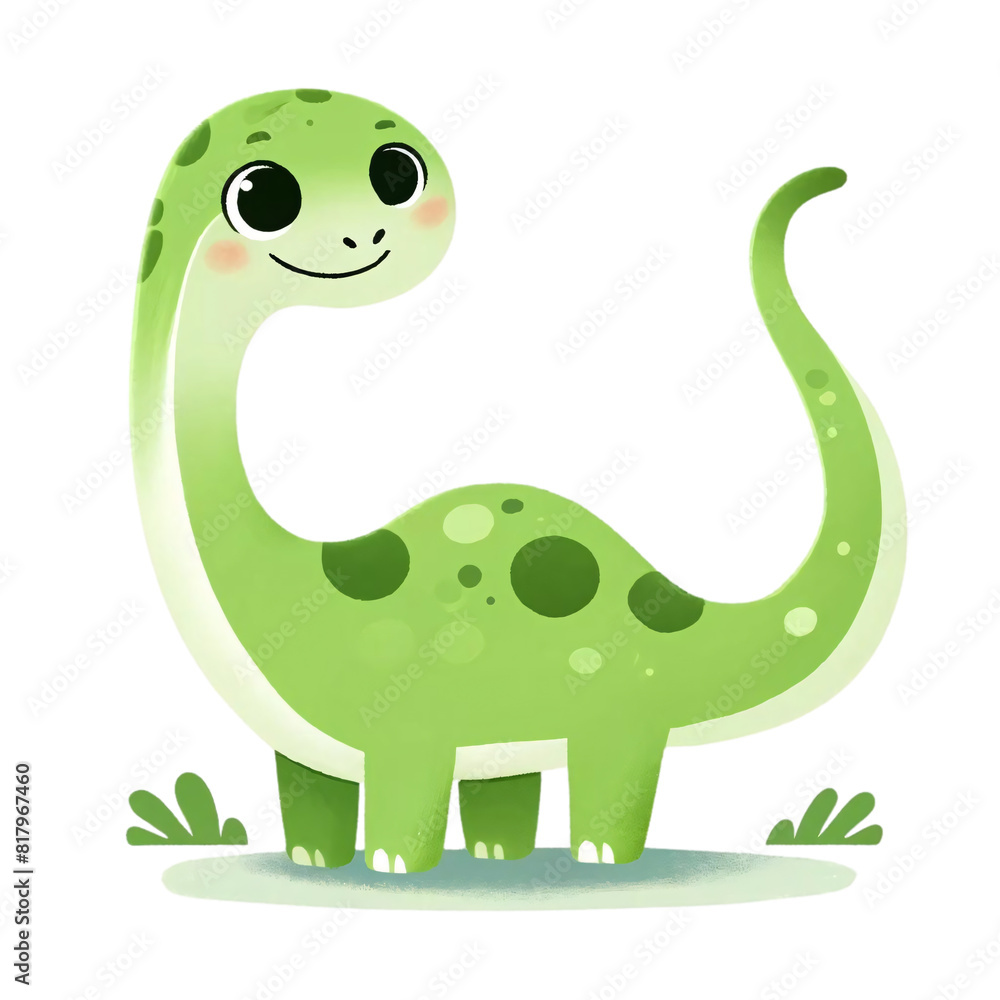 Naklejka premium Cartoon-style illustration of a Diplodocus dinosaur, isolated on a transparent background. The dinosaur is depicted with a soft green body