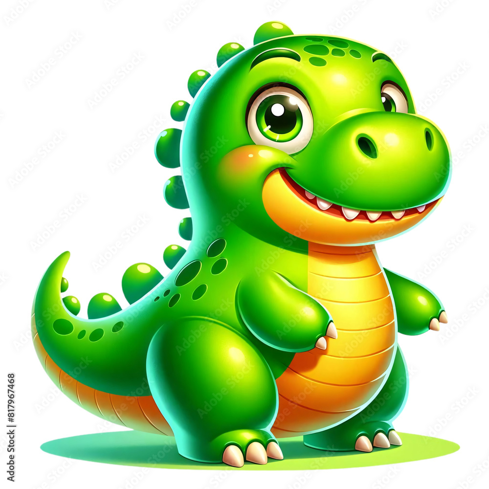 Fototapeta premium Cartoon-style illustration of a green dinosaur, isolated on a transparent background. This cheerful dinosaur is depicted with a bright green body