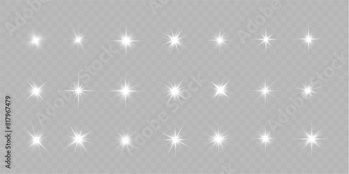 PNG. White glowing light star, burst sun rays.