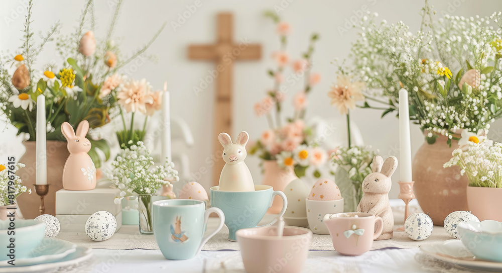 Easter table setting with teacups, bunny figurines and pastel colored eggs, surrounded by spring flowers and wooden crosses in the background.