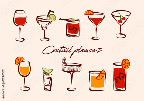 Cocktails retro poster set. Red wine, Margarita, Bloody Mary,  Aperol Spritz, Negroni, Old Fashioned, Tequila shot, Sex on the beach, Gimlet, Cosmopolitan.
Collection of popular alcohol drinks.