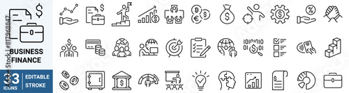 Business finance web line icon set. With Concepts like Profit, Losses, Stock, Tax, Exchange, Budget, Funds, Earnings, Money and Revenue.