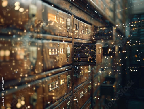 Shallow DOF vintage oak cabinets with embedded printed circuits