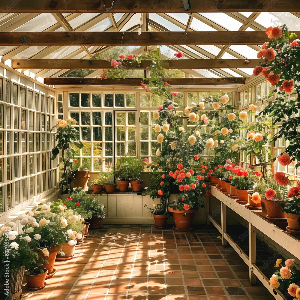 greenhouse with flowers and roses sunny summer day