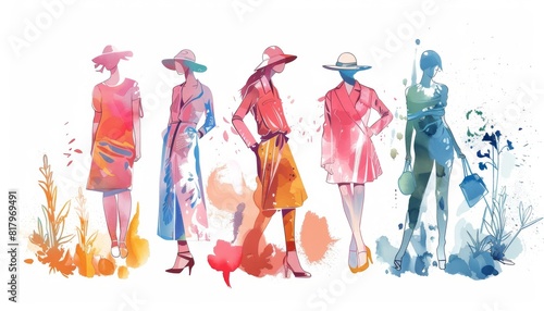 The watercolor painting shows a group of six women wearing fashionable clothes