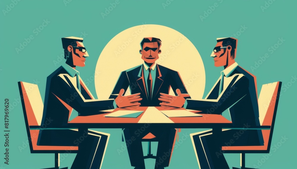 Three business people are sitting around a table having a meeting. Three business people are sitting around a table having a meeting.