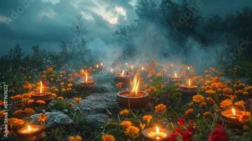 mystical summer solstice, during summer solstice rituals, the air is scented with burning herbs and incense, evoking a mystical ambiance photo