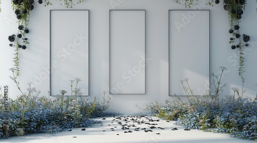 Minimalist wedding interior with blank posters and beautiful black flowers on the walls