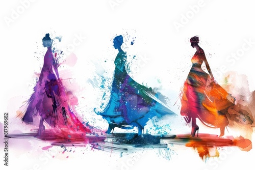 Three watercolor women in long dresses.