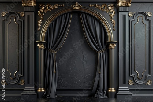 3D rendering of a luxury black arch with curtain and golden decorative elements on a dark wall background.