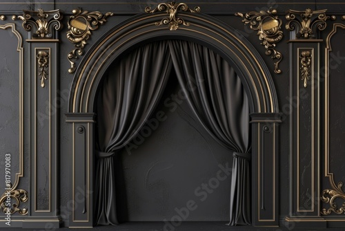 3D rendering of a luxury black arch with curtain and golden decorative elements on a dark wall background.