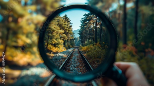 Hand-held magnifying glass focusing on a railway track that leads into a forest