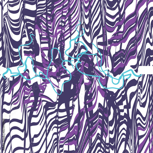 Distorted vector art consists of twisted or wavy stripes with large broken gaps. There are blue lines in the middle of the composition.