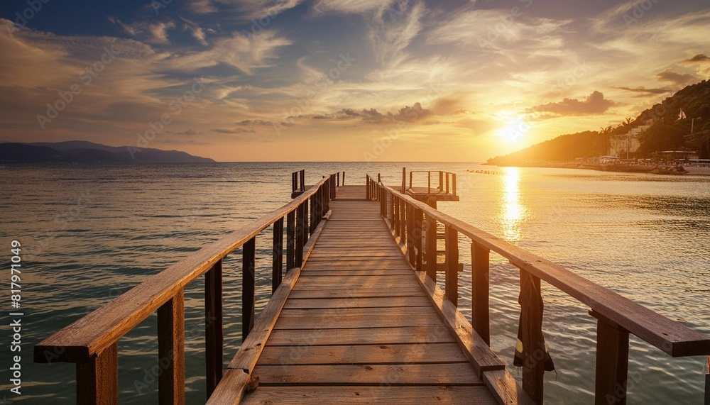 wooden dock pier on the water at sunset sea summer background with beautiful landscape