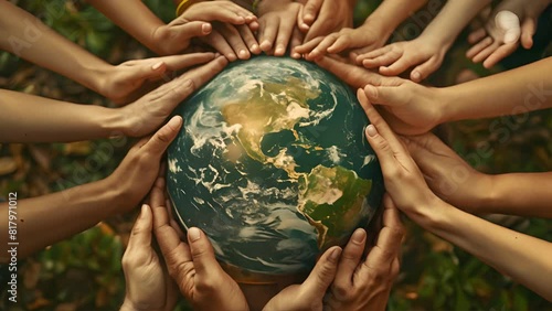 A group of diverse hands coming together around a globe, symbolizing unity, global cooperation, and multicultural understanding