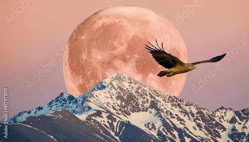 eagle flying over the red moon photo