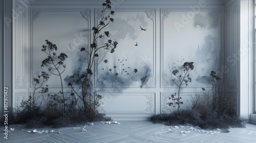 Minimalist wedding interior with blank posters and beautiful black flowers on the walls