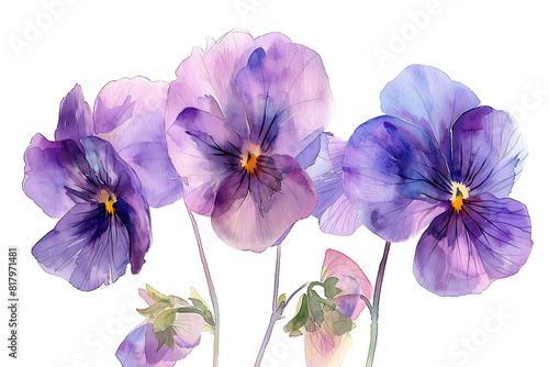 Delicate Purple and Pink Pansies Watercolor Illustration on White Background