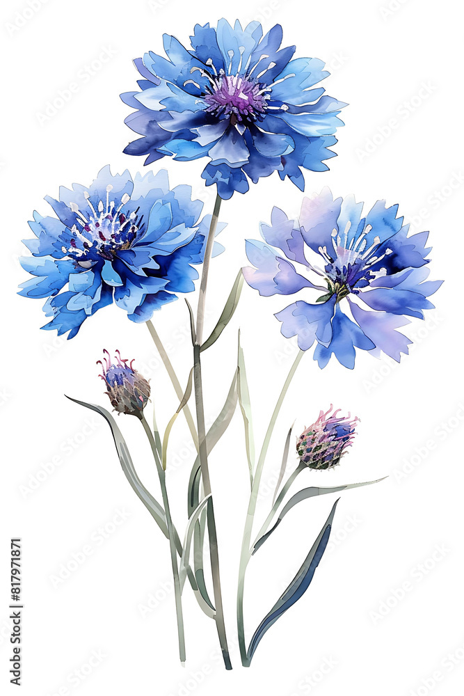 Fototapeta premium Beautiful Purple Cornflowers Watercolor Illustration on White Background