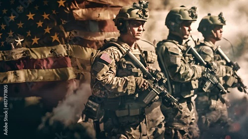an american flag as the back ground of the image with seal team,generative ai