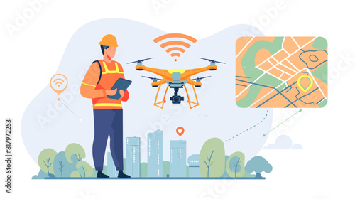 A man in a hard hat and safety vest operating a drone. He is standing in a city street, and there are buildings and trees in the background.