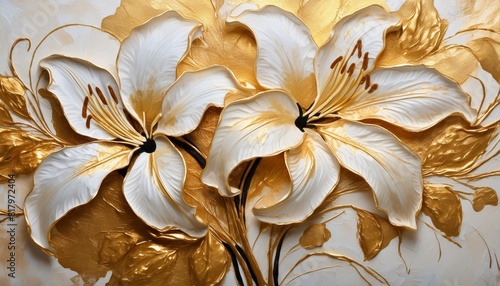 abstract floral oil painting gold and white lily