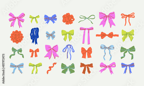 Bows and ribbons colorful set. Festive bundle for cute and elegant designs like birthday cards, wedding stationery, gift wrapping, fabrics, tags, tattoo. All items are vector and isolated. Fancy lines