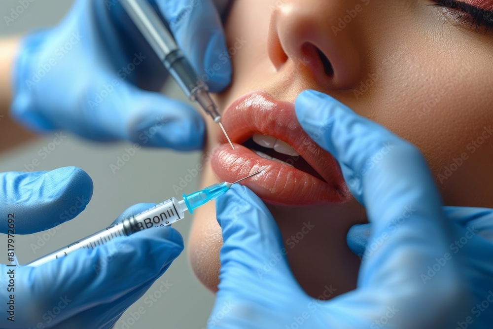 Person receiving a lip injection with two syringes by a professional. Beauty and cosmetic treatment concept for skincare and aesthetics. Design for poster, print, banner, header. Macro shot. Person receiving a lip injection with two syringes by a professional. Beauty and cosmetic treatment concept for skincare and aesthetics. Design for poster, print, banner, header. Macro shot.